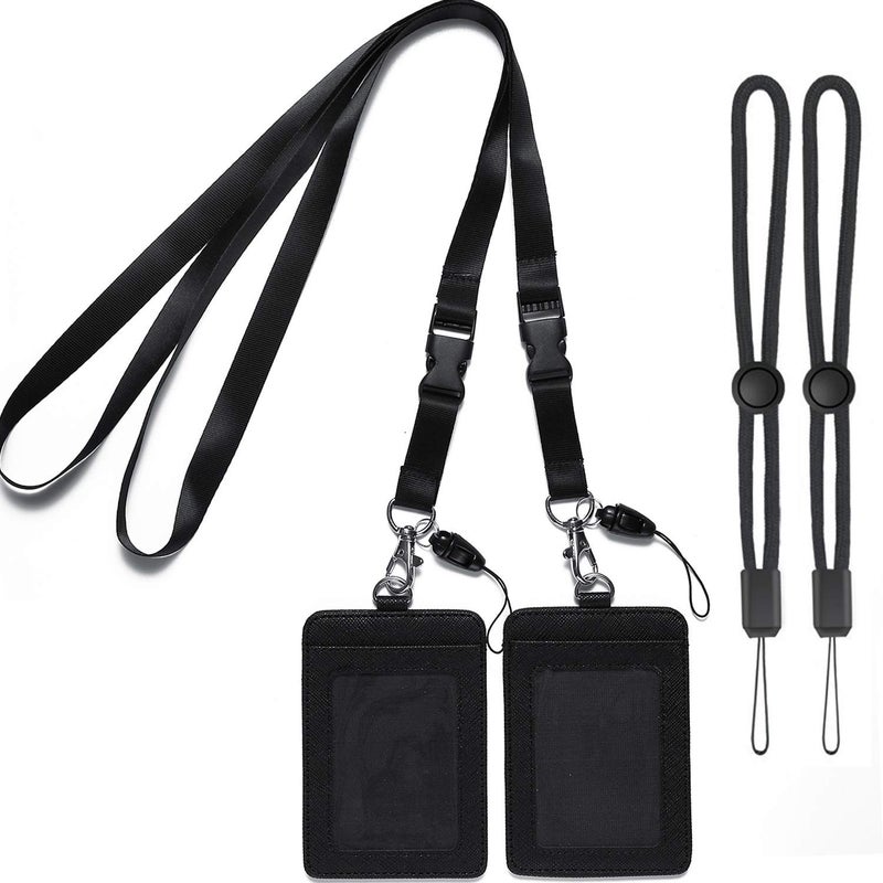 YOUOWO 2 Pack Badge Holders Leather+2 Pack Neck Lanyards Detachable Buckle Black Lanyard Strap for Men Women Keys 2-Sided PU Leather Vertical ID Cards Holder with 1 ID Window and 2 Card Slot - Image 1